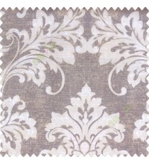Brown white grey color beautiful traditional damask floral swirl pattern velvet touch watercolor print traditional look poly fabric main curtain